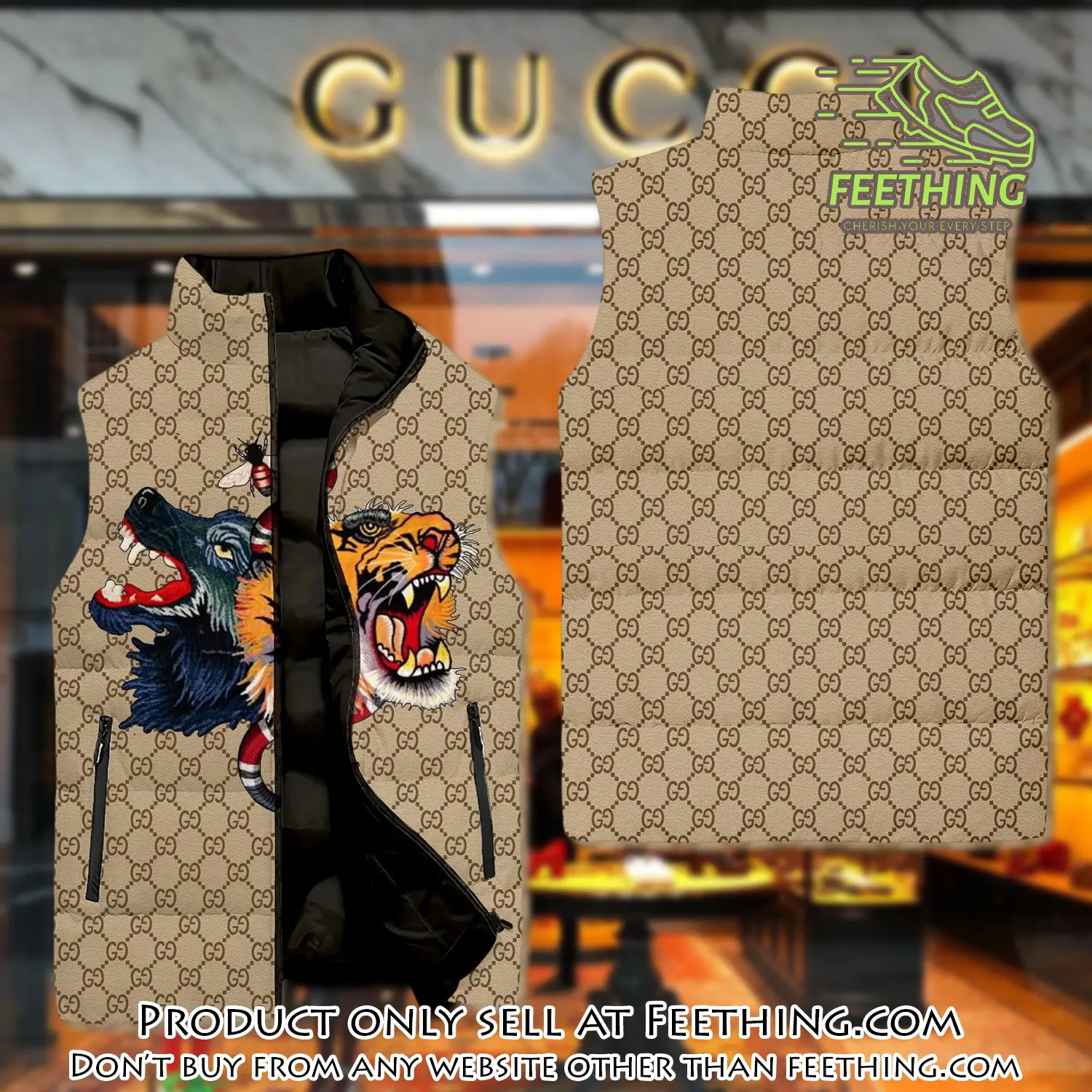 Gucci tiger & wolf luxury brand 3d sleeveless down jacket ft5612621